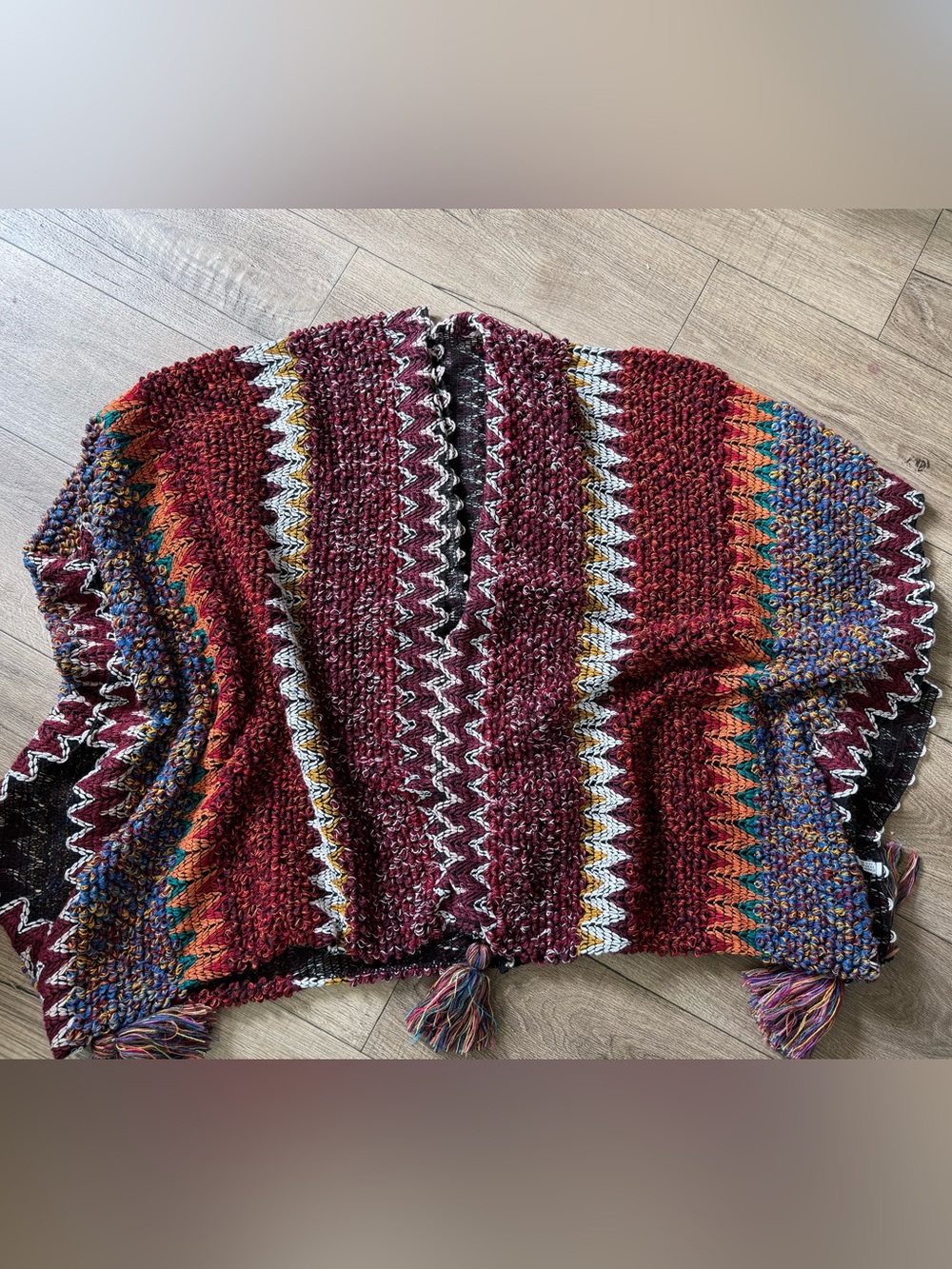 Three Bird Nest Burgundy Multicolor Boho Open-Front Cardigan